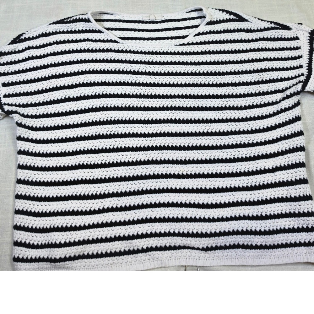Blu Pepper Womens Black White Striped Coastal  Cotton Crochet Knit Sweater Top